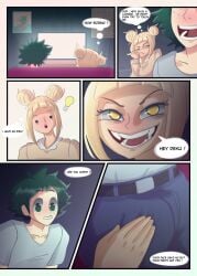 1boy 1boy1girl 1girls blonde_hair deku double_bun erect_penis erection erection_under_clothes erovon female green_hair himiko_toga izuku_midoriya male midoriya_izuku my_hero_academia pants toga_himiko watching_tv yellow_eyes