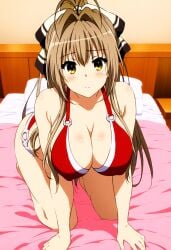 1girls ai_generated all_fours amagi_brilliant_park bed bedroom bikini breasts brown_eyes brown_hair covered_erect_nipples hair_ribbon large_breasts long_hair looking_at_viewer nai_diffusion novelai red_bikini sento_isuzu