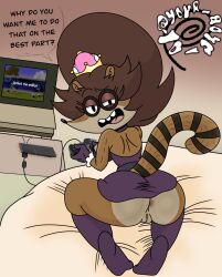 1girls anthro anus ass big_ass breasts cartoon_network crossover crown dat_ass dragon_ball_(series) dragon_ball_z female female_only furry game_controller looking_at_viewer mario_(series) meme new_super_mario_bros._u_deluxe nintendo no_panties no_underwear pussy raccoon regular_show rigbbette rigbette_(benson_dancing) rigby_(regular_show) rule_63 skirt solo super_crown toei_animation upskirt video_games warner_brothers wifeyvoo