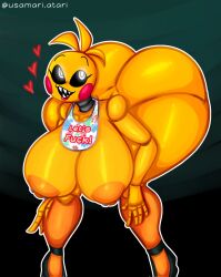 animal_humanoid animatronic anthro ass avian big_breasts bird blush breasts chicken clothing digital_media_(artwork) feathers female five_nights_at_freddy's five_nights_at_freddy's_2 galliform gallus_(genus) hair heart hi_res huge_breasts humanoid looking_at_viewer machine phasianid robot scottgames solo solo_focus text thick_thighs toy_chica_(fnaf) usamari_atari