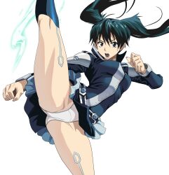 1girl 1girls blue_jacket blue_skirt d.gray-man d_gray_man high_kick lenalee_lee long_hair miniskirt open_eyes open_mouth underwear upskirt white_panties