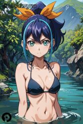 ai_generated bikini black_bikini blue_hair bow breasts collarbone female green_eyes looking_at_viewer medium_breasts multicolored_hair navel outdoors partially_submerged pikkiwynn ponytail serena_(yu-gi-oh!_arc-v) solo swimsuit two-tone_hair water yu-gi-oh!_arc-v