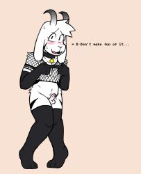 2024 anthro armwear asriel_dreemurr balls belly bent_legs blush boss_monster bovid caprine clothed clothing collar deltarune dialogue erection eyelashes fembunns fishnet fur furry_only genitals goat hi_res horn humanoid_genitalia humanoid_penis humiliation legwear male male_only mammal markings midriff nervous nervous_smile partially_clothed penis simple_background small_penis solo text thigh_highs undertale undertale_(series) white_body white_fur