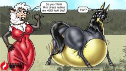 2006 anthro ass_bigger_than_head colored dialogue fuusenroba horse huge_belly nipple_bulge sheep tagme waffles_(big_horse) zoophilia