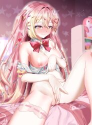 1girls aisu_kurimu bed bedroom blush breasts cleavage elderek00 female female_focus female_only fingering fingering_self heart-shaped_pupils highres ice_cream_girl latam_virtual_youtuber light-skinned_female light_skin long_hair looking_at_viewer masturbation multicolored_hair open_legs pink_hair pussy ribbon sitting_on_bed smiling smiling_at_viewer solo touching_pussy uncensored virtual_youtuber vtuber vtuberfanart yellow_eyes yellow_hair yume_girls!