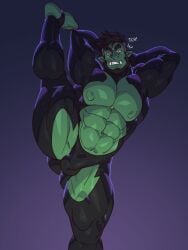 aldrich_(4giogio) bara beard bulge chesschirebacon clothing facial_hair flexible green_body green_skin humanoid_pointy_ears leg_up male male_only muscles muscular orc solo solo_male spread_legs stretching