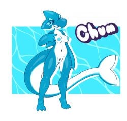 2024 anthro blue_nipples breasts chum_(screwroot) digital_media_(artwork) eyelashes fangs female fin fish genitals gummy_creature gummy_shark hi_res marine nipples pussy screwroot shark smile solo tail teeth text water