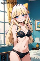 ai_generated arms_behind_back ass_visible_through_thighs bangs bare_shoulders black_bra black_panties blonde_hair blue_eyes blush bow bra breasts cleavage closed_mouth collarbone cowboy_shot curtains female groin hairbow indoors long_hair looking_at_viewer mahou_shoujo_ni_akogarete medium_breasts navel panties pikkiwynn smile solo stomach tenkawa_kaoruko underwear underwear_only window yellow_bow