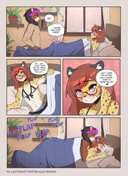 anthro bedding bedroom blanket blush breath cheetah claw_marks clothed clothing comic crossdressing dialogue duo embarrassed english_text eyewear felid feline femboy from_behind_position girly glasses grabbing_sheets hi_res highlights_(coloring) lazysnout lion male male/male mammal pantherine plant pronebone red_highlights sex snow snow_(snowcheetah) snowcheetah sound_effects text