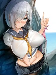 1girls bangs between_legs black_hair black_legwear black_skirt blue_eyes blush breasts closed_mouth collarbone covered_nipples female hair_ornament hair_over_one_eye hamakaze_(kantai_collection) hand_between_legs highres holding holding_clothes holding_panties holding_underwear kantai_collection large_breasts lips neckerchief no_panties ocean panties panties_removed pantyhose pink_panties rock sailor_collar school_uniform serafuku shirt short_hair silver_hair skirt standing thong torisan underwear white_shirt yellow_neckerchief