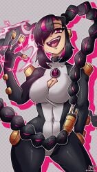 1girls alien ben_10 black_bodysuit chaquetrix cleavage collarbone conductoid crowller electricity eyelashes feedback female large_breasts open_mouth pink_eyes skin_tight smile solo twintails