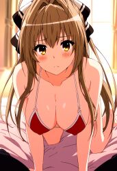 1girls ai_generated all_fours amagi_brilliant_park bed bedroom breasts brown_eyes brown_hair covered_erect_nipples hair_ribbon large_breasts long_hair looking_at_viewer micro_bikini nai_diffusion novelai red_bikini sento_isuzu