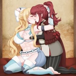 2girls abs anna_(fire_emblem) anna_(fire_emblem_fates) armored_bra bare_thighs blonde_hair breast_grab breasts charlotte_(fire_emblem) cleavage female female_only fingering fingering_partner fire_emblem fire_emblem_fates groping hair_ribbon hand_in_another's_panties hand_in_panties hand_on_head incognigoat inner_thighs kissing kneeling large_breasts long_hair multiple_girls nintendo panties ponytail reach_around red_hair thick_thighs thighhighs thighs tights underwear white_panties yuri