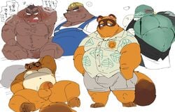 2022 animal_crossing anthro armor avian balls bed belly bird blush bottomwear brewster_(animal_crossing) brown_body canid canine clothing columbid doubutsu_no_mori eulipotyphlan furniture genitals hard_hat headgear helmet humanoid_hands hyaku_(artist) kemono lying male male_only mammal master_(doubutsu_no_mori) mole_(animal) mr._resetti musclegut nintendo nude overalls overweight overweight_male penis pigeon pillow raccoon_dog reset-san_(doubutsu_no_mori) shirt shorts sitting solo tanuki tanukichi_(doubutsu_no_mori) tom_nook topwear video_games