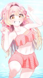 1girls aisu_kurimu closed_hands clouds day highres ice_cream_girl just_4ngels latam_virtual_youtuber light-skinned_female light_skin long_hair looking_at_viewer multicolored_hair ocean pink_hair smiling smiling_at_viewer solo standing_in_water summer swimsuit virtual_youtuber vtuber vtuberfanart water yellow_eyes yellow_hair yume_girls!