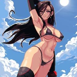 1girls animated arm_up armpits big_breasts bikini black_bikini black_gloves black_thighhighs blue_sky breasts brown_hair cloud earrings female_only final_fantasy final_fantasy_vii final_fantasy_vii_remake floating_hair gloves hair_between_eyes hand_up itzah jewelry navel outdoors pixel_art red_eyes shorter_than_10_seconds shorter_than_30_seconds sky smile solo sun swimsuit tagme thighhighs tifa_lockhart video winking_at_viewer