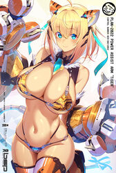 ahoge animal_ears bikini blonde_hair blue_eyes blush breasts closed_mouth commentary_request eyebrows_visible_through_hair female hair_between_eyes highres large_breasts looking_at_viewer navel original short_hair smile solo sophia_f_shirring stomach swimsuit tail takamine_nadare thighhighs thighs tiger_ears year_of_the_tiger yellow_bikini