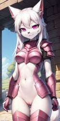 2024 ai_generated anthro bottomless bottomless_female feline female furry hybrid innie_pussy long_hair looking_at_viewer outside pink_armor pink_eyes white_fur white_hair