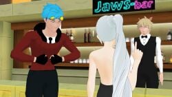 1boy 1girls blue_hair clothed_female clothed_male dress faunus flexing neptune_vasilias ordering rwby theblackbirdcalls weiss_schnee white_hair white_hair_female