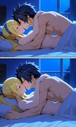 ai_generated bedroom evening fairy_tail gray_fullbuster kissing lucy_heartfilia moonlight pixai romantic_couple tagme