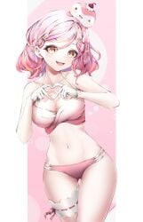 1girls aisu_kurimu bra cleavage female female_focus female_only front_view gloves highres ice_cream_girl latam_virtual_youtuber light-skinned_female light_skin looking_at_viewer multicolored_hair pink_hair shironagase short_hair smiling smiling_at_viewer solo standing thong virtual_youtuber vtuber yellow_eyes yume_girls!