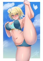 1girls alternate_costume armpits bikini blonde_hair blue_eyes blue_sky blush breasts cowboy_shot diamond_earrings earrings female female_only fire_emblem fire_emblem_heroes fjorm_(fire_emblem) fjorm_(summer)_(fire_emblem) flower hair_between_eyes hair_flower hair_ornament highres jewelry large_breasts leg_lift leg_up navel nintendo official_alternate_costume one_leg_up short_hair signature sky solo split sweatdrop swimsuit thick_thighs thighs wavy_mouth zet_(twt_zet)