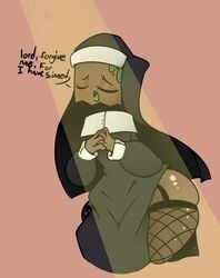 1boy animate_inanimate baggy_(treshbaggy) bottom_heavy clothed clothing dialogue femboy fishnets fully_clothed garter_straps hip_vent huge_ass humanoid male male_only nun nun's_habit nun_outfit object_head praying skindentation solo standing text thick_thighs thighhighs treshbaggy wide_hips