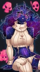 alien alien_x bellicus_(ben_10) ben_10 blush celestialsapien chaquetrix crowller detached_sleeves female grin large_breasts looking_at_viewer midriff navel pink_eyes serena_(ben_10) sitting sleeves space thick_thighs virgin_destroyer_sweater