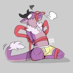 anthro bondage bondage bound bulge christmas clothing fur holidays horn kobold lizard male purple_body reptile restrained scalie simple_background sitting sodacaps solo underwear