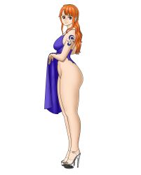 ass bare_legs bare_thighs big_ass bottomless breasts brown_eyes curvy dress dress_lift exposed_legs exposed_thighs female female_only high_heels highres hips jewelry large_breasts legs legs_focus lemon-peaches lifted_by_self long_hair long_legs nami nami_(one_piece) no_panties one_piece orange_hair post-timeskip presenting presenting_hindquarters presenting_legs presenting_thighs purple_dress side_slit side_view sideass skimpy sleeveless smile tattoo thick_thighs thighs thin_waist toes wide_hips