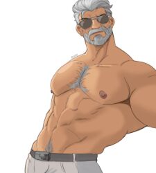 bandai_namco bara beard facial_hair grey_hair male male_focus male_only muscles muscular pants quietscrappy shirtless solo solo_male sunglasses tekken tekken_8 victor_chevalier