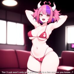 1girls ai_generated big_breasts bikini bikini_bottom bikini_top breasts demon_horns female female_focus female_only hands_behind_head horns indoors ironmouse living_room looking_at_viewer multicolored_hair navel open_eyes open_mouth pink_hair pov pov_eye_contact red_bikini red_eyes smile solo solo_female solo_focus stable_diffusion standing text thick_legs tongue virtual_youtuber vshojo white_horns