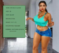 ai_generated big_breasts big_breasts big_butt cleavage female house looking_at_viewer only_female ponytail red_lipstick short_shirt shorts tanned_skin thin_waist wide_hips