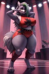 ai_generated anthro big_breasts black_nose busty cleavage club crop_top curvy ear_piercing eyeshadow facial_tuft five_nights_at_freddy's five_nights_at_freddy's:_security_breach fur furry gray_fur gray_hair green_hair grey_fur grey_hair hands_on_hips indoors large_breasts looking_at_viewer makeup purple_lipstick red_crop_top red_outfit red_shorts roxanne_wolf_(fnaf) shorts snout stable_diffusion strip_club tail thick thick_thighs wgenjoyr4539 wide_hips wolf wolf_ears wolf_girl wolf_humanoid yellow_eyes
