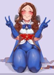 1girls black_ribbon blue_gloves blush breasts brown_hair closed_eyes clothing fate/grand_order fate_(series) female female_only fully_clothed gloves kneeling legwear leonardo_da_vinci_(fate/grand_order) leonardo_da_vinci_(rider)_(fate) long_hair megayecgaa pantyhose peace_sign small_breasts smile sweat sweatdrop thick_thighs thighs western_art