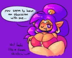 dark-skinned_female dominant_female large_ass large_breasts larger_female o-ring_penetration one_closed_eyes paizuri purple_eyes purple_hair shantae shantae_(character) shortstack simple_background sleepyslut smooth_skin talking_to_viewer titjob wayforward