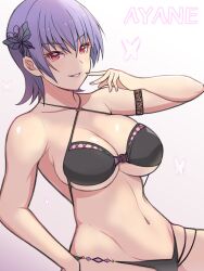 1girls ayane_(doa) bikini butterfly_hair_ornament cleavage dead_or_alive huge_breasts konishiki_(52siki) looking_at_viewer purple_hair red_eyes short_hair voluptuous