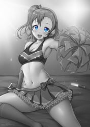 1girls artist_name bare_legs bare_shoulders belly belly_button black_and_white blue_eyes blush bow breasts cheerleader cleavage clothes_writing collarbone elbow_gloves eye_contact female female_focus female_only fingerless_gloves frilled_skirt frills gloves greyscale hair_between_eyes hair_ornament headphones headset hi_res high_resolution highres kousaka_honoka light-skinned_female light_skin linea_alba long_hair looking_at_viewer love_live! love_live!_school_idol_festival love_live!_school_idol_project medium_breasts midriff miniskirt monochrome navel pale-skinned_female pale_skin paradise_live parted_lips plaid plaid_skirt pleated pleated_skirt pom_pom_(cheerleading) pom_pom_(clothes) ponytail shirt short_hair short_ponytail side_ponytail sideboob simple_background skirt sleeveless sleeveless_shirt smile solo sportswear star_(symbol) star_hair_ornament star_print stomach striped striped_bow takaramonozu tank_top unsfrau wide_eyed