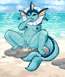 anthro beach blue_body bodily_fluids breasts detailed_background eeveelution female generation_1_pokemon genital_fluids genitals hi_res humanoid_genitalia humanoid_pussy mammal nintendo nipples nude outside peeing pokemon pokemon_(species) prince-vulpine pussy rock sand sea seaside sky smile solo tail urine urine_stream vaporeon water watersports wetting