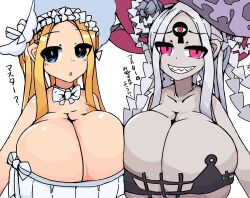 2girls abigail_williams_(fate/grand_order) abigail_williams_(swimsuit_foreigner)_(fate) alternate_breast_size blonde_hair blue_eyes breasts busty cleavage dual_persona fangs fate/grand_order fate_(series) female female_only huge_breasts japanese_text keyhole large_breasts light-skinned_female light_skin looking_back open_mouth pale-skinned_female pale_skin red_eyes sharp_teeth silver_hair smile smug sukoburukurage swimsuit third_eye tied_hair white_background white_swimsuit
