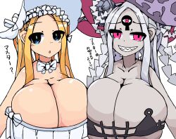 2girls 3_eyes abigail_williams_(fate/grand_order) abigail_williams_(swimsuit_foreigner)_(fate) alternate_breast_size blonde_hair blue_eyes breasts busty cleavage dual_persona fangs fate/grand_order fate_(series) female female_only huge_breasts japanese_text keyhole large_breasts light-skinned_female light_skin looking_back multi_eye open_mouth pale-skinned_female pale_skin red_eyes sharp_teeth silver_hair smile smug sukoburukurage swimsuit tied_hair white_background white_swimsuit