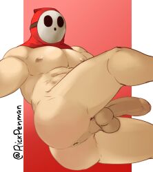 1boy ass balls flaccid male male_only mario_(series) mask muscles muscular nintendo nude penis rickpenman shy_guy solo solo_male