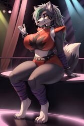 ai_generated anthro big_breasts black_nose busty cleavage club crop_top curvy ear_piercing eyeshadow facial_tuft five_nights_at_freddy's five_nights_at_freddy's:_security_breach fur furry gray_fur gray_hair green_hair grey_fur grey_hair hands_on_hips indoors large_breasts looking_at_viewer makeup purple_lipstick red_crop_top red_outfit red_shorts roxanne_wolf_(fnaf) shorts snout stable_diffusion strip_club tail thick thick_thighs wgenjoyr4539 wide_hips wolf wolf_ears wolf_girl wolf_humanoid yellow_eyes