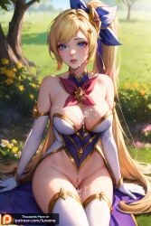 ai_generated blonde_hair blue_eyes bodysuit cum cum_on_body cum_on_breasts girl league_of_legends league_of_legends:_wild_rift long_hair luname outdoors outfit pussy seraphine_(league_of_legends) sitting star star_guardian_seraphine star_guardian_series white_gloves