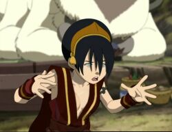 1girls ai_generated alternate_costume appa avatar_legends avatar_the_last_airbender black_hair blind cleavage earth_kingdom edit female plunging_neckline sky_bison sleeveless small_breasts toph_bei_fong