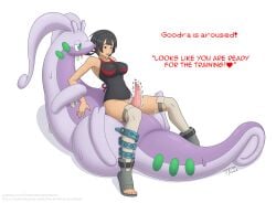 big_breasts black_hair clothed clothed_sex goodra large_penis mega_stone nintendo pokemon pokemon_(species) pokemon_oras pokephilia short_hair sweat text the_tentacle_professor zinnia_(pokemon) zoophilia