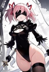 1girls 2024 ai_generated ass black_panties cosplay crossover madoka_kaname madoka_worship magia_record:_mahou_shoujo_madoka_magica_gaiden magical_girl mahou_shoujo_madoka_magica nier:_automata panties pink_hair puella_magi_madoka_magica smile solo solo_female solo_focus sword twintails yorha_2b_(cosplay) young