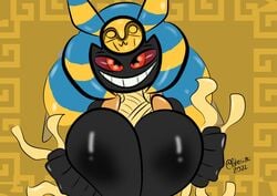 2022 anthro big_breasts blue_body breasts clothing cofacham cofagrigus detailed detailed_background egyptian egyptian_clothing fakémon female fusion glistening glistening_body glistening_breasts holding_breast light lighting medicham mummy mummy_wrappings nintendo pokémon_(species) pokémon_fusion pokemon pokesiimii presenting red_eyes ruined_clothing smile thick_thighs undead video_games yellow_body