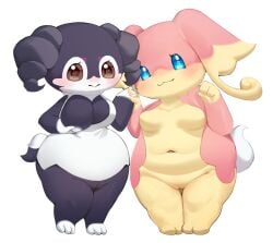 anthro audino duo_female exposed_breasts furry indeedee looking_at_viewer pokémon_(species) pokemon shortstack tlmoyv_1