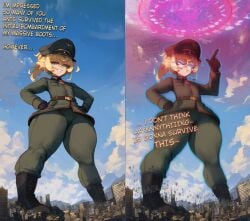 1girls 2koma ai_generated blonde_hair blue_eyes city dspaceous english_text giantess glowing_eyes magic_circle military_uniform solo solo_female spell tanya_degurechaff youjo_senki